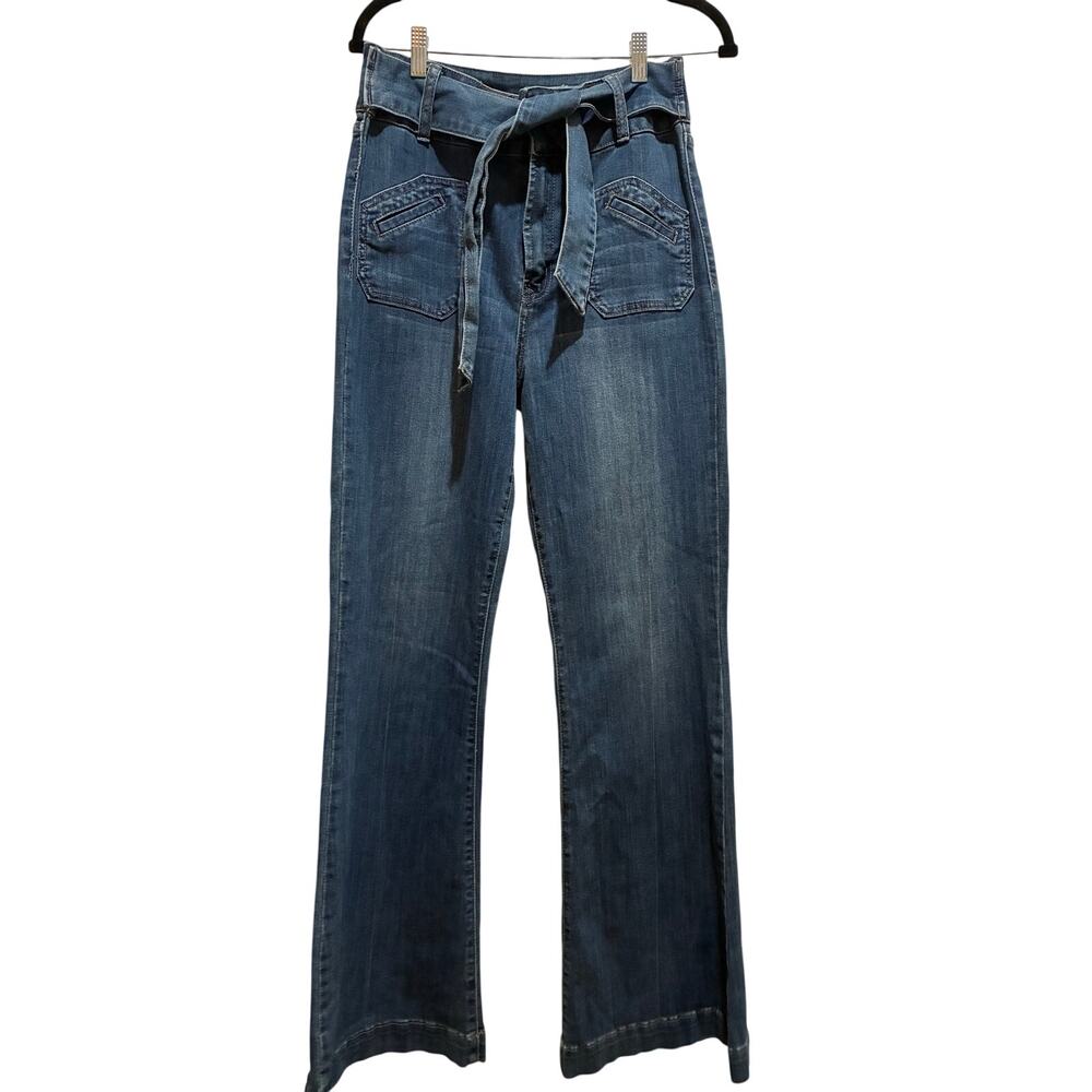 Forever 21 Women's Jeans Sz 31 Soft Denim High Rise Fabric Tie Belt Flared Tall